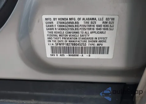 2008 Honda Pilot Vp z USA, uszkodzony, nr VIN 5FNYF18278B045253